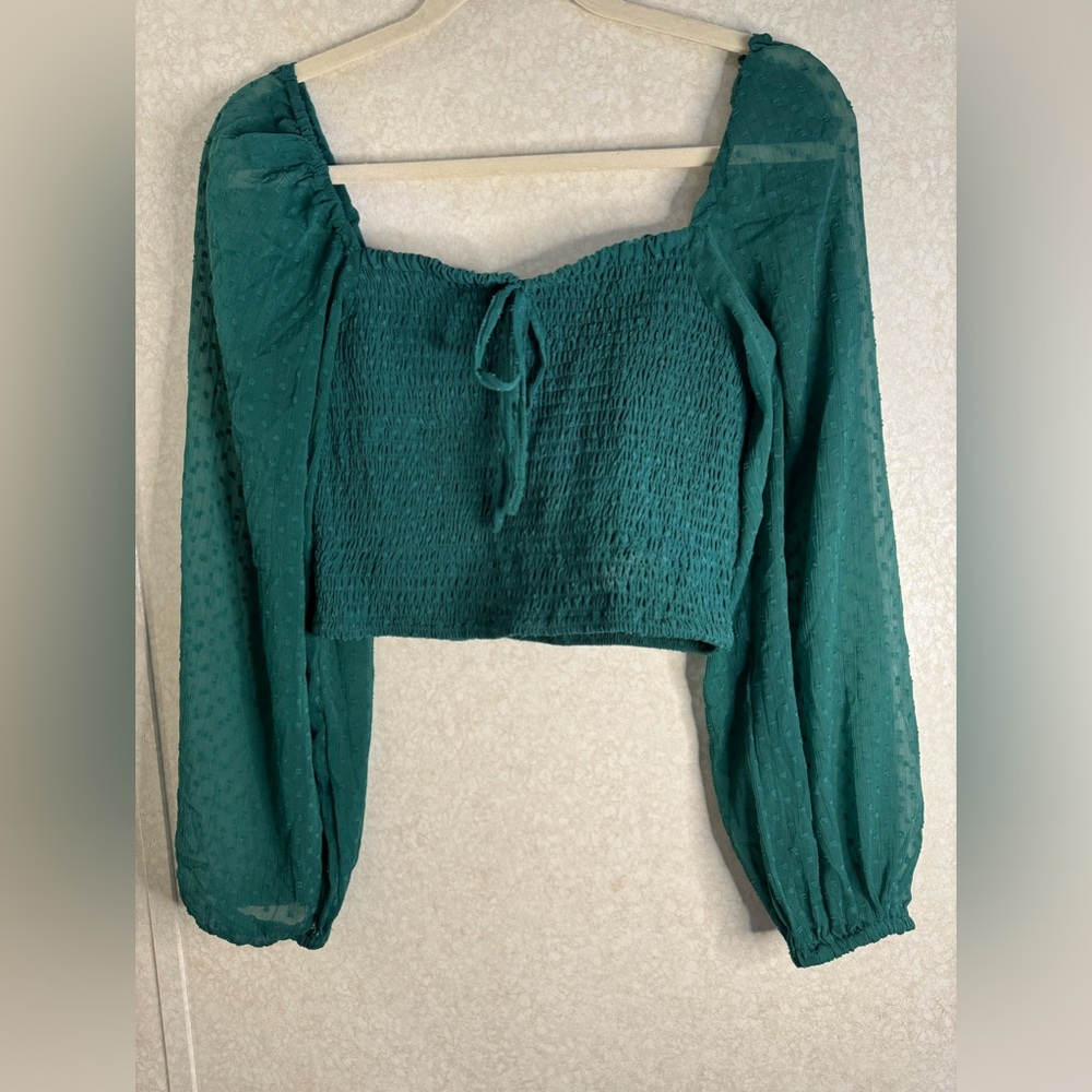 OG Collection Green Boho Polka Dot Balloon Sleeves Womens Medium Smocked Top